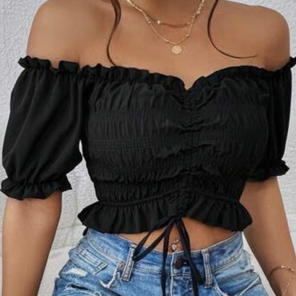 SHEIN Black Puff Sleeve Crop Top with Ruched Tie Front